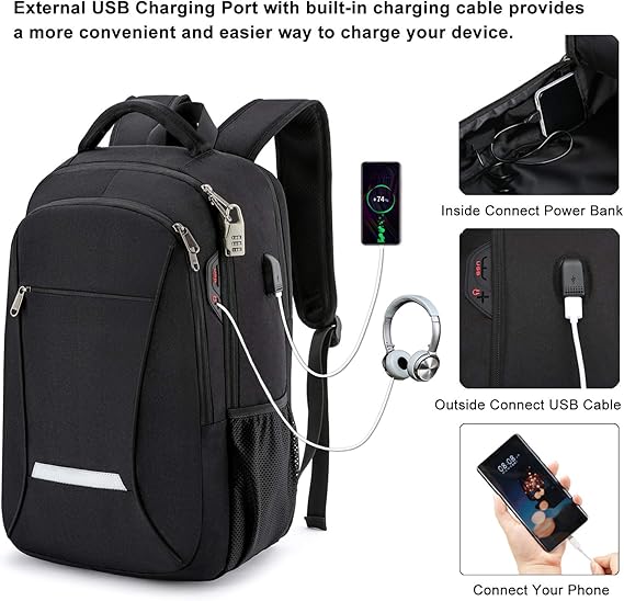 Mochila para hombre, mochila de viaje para portátil con puerto USB de carga